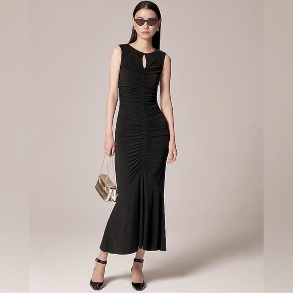 J. Crew Ruched Center Seam Dress in Matte Jersey in Black - Picture 1 of 9